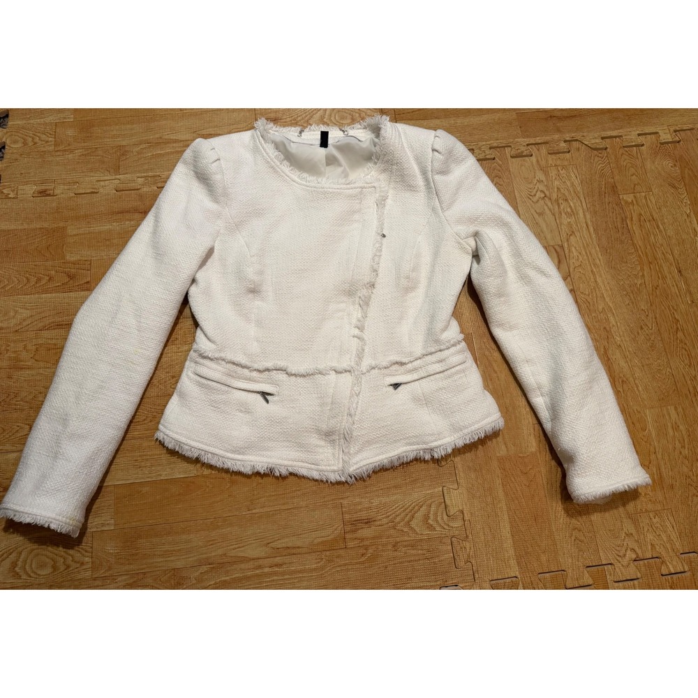 White House Black Market Tweed Fringe Asymmetric Jacket White Size 4